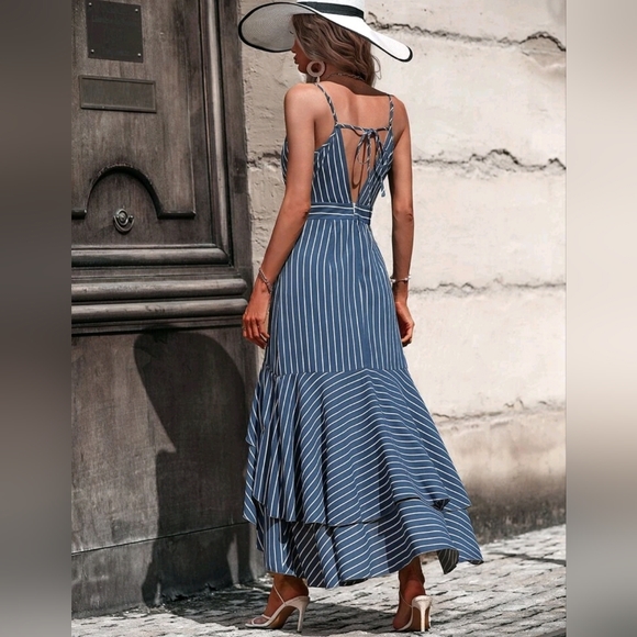 NEW Luxe Striped High Low Ruffle Cami Dress Blue White - Picture 5 of 8